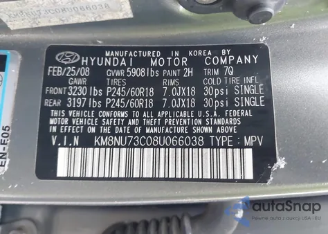 2008 Hyundai Veracruz Gls/Limited/Se z USA, uszkodzony, nr VIN KM8NU73C08U066038